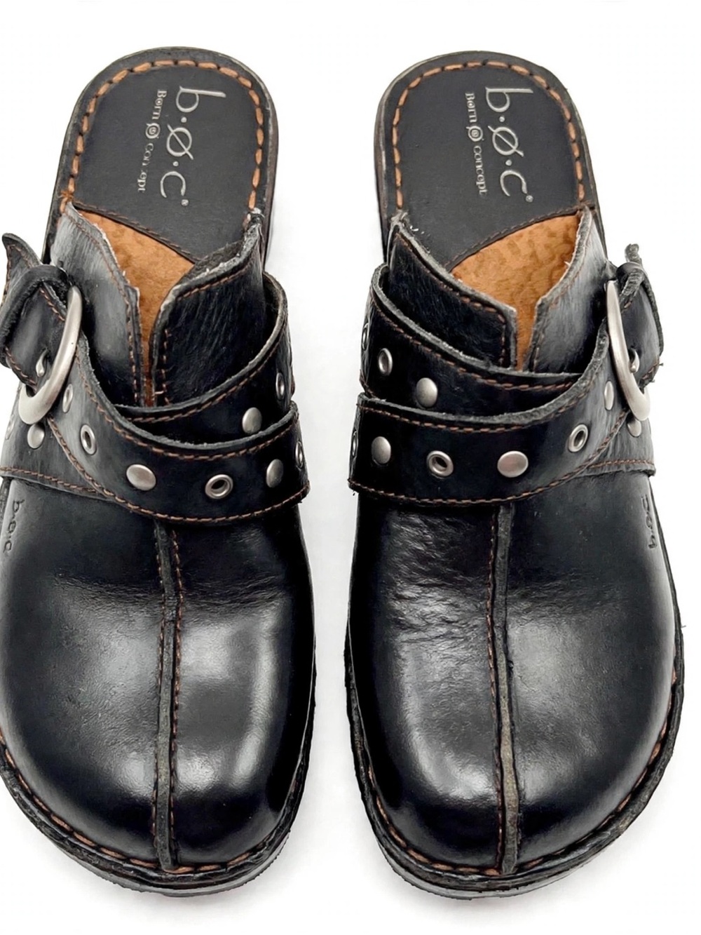 B.O.C. Born Concept Black Leather Clogs Size 7 Mules Buckle Studded Comfort
